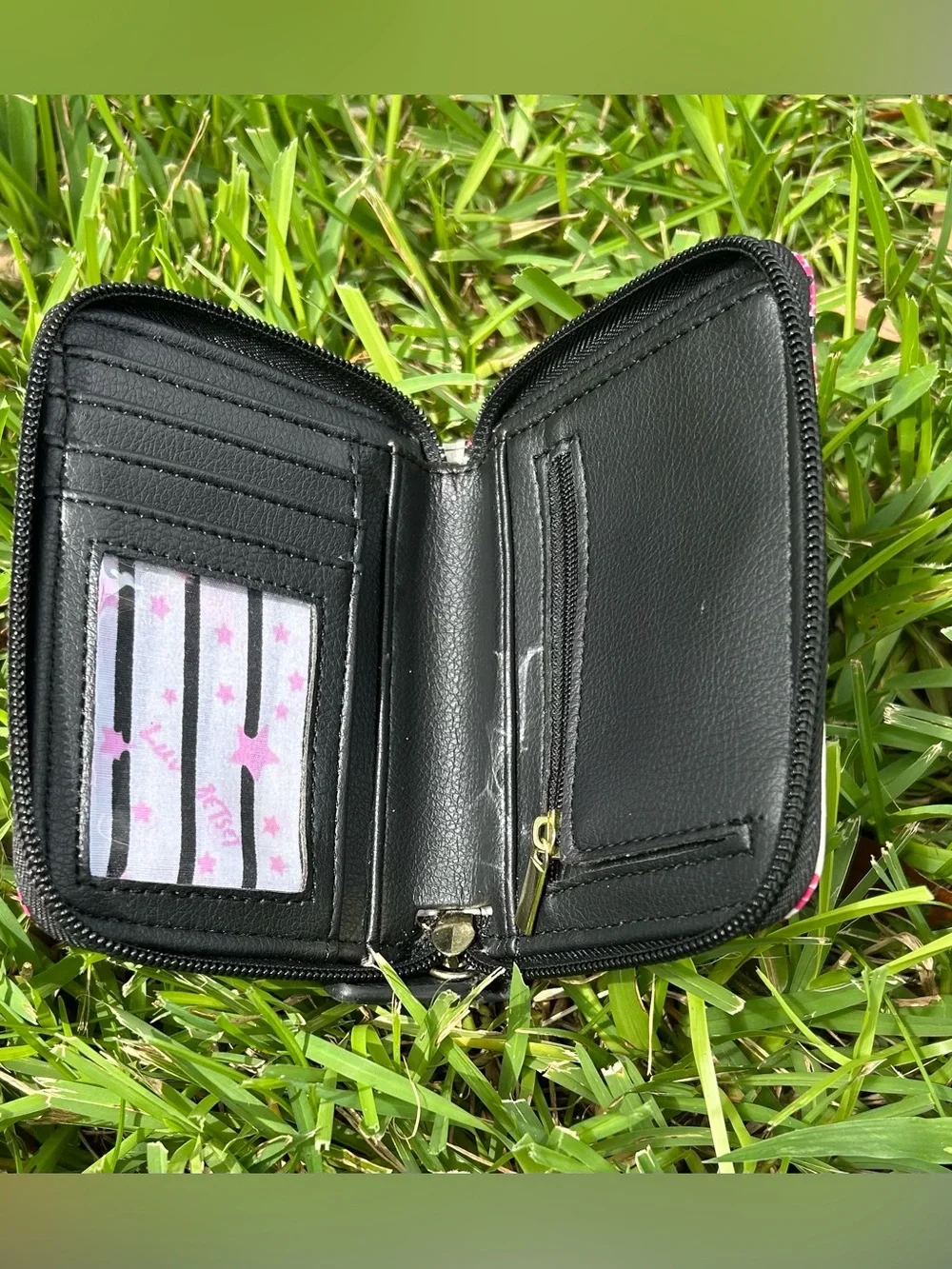 Bright Floral Stripe Wallet - Black/White with Pink & Teal Accents